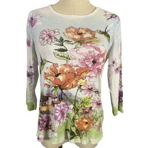 Y2K Flower n Ring Small White Colorful Floral Hummingbird Spring BeadedTee